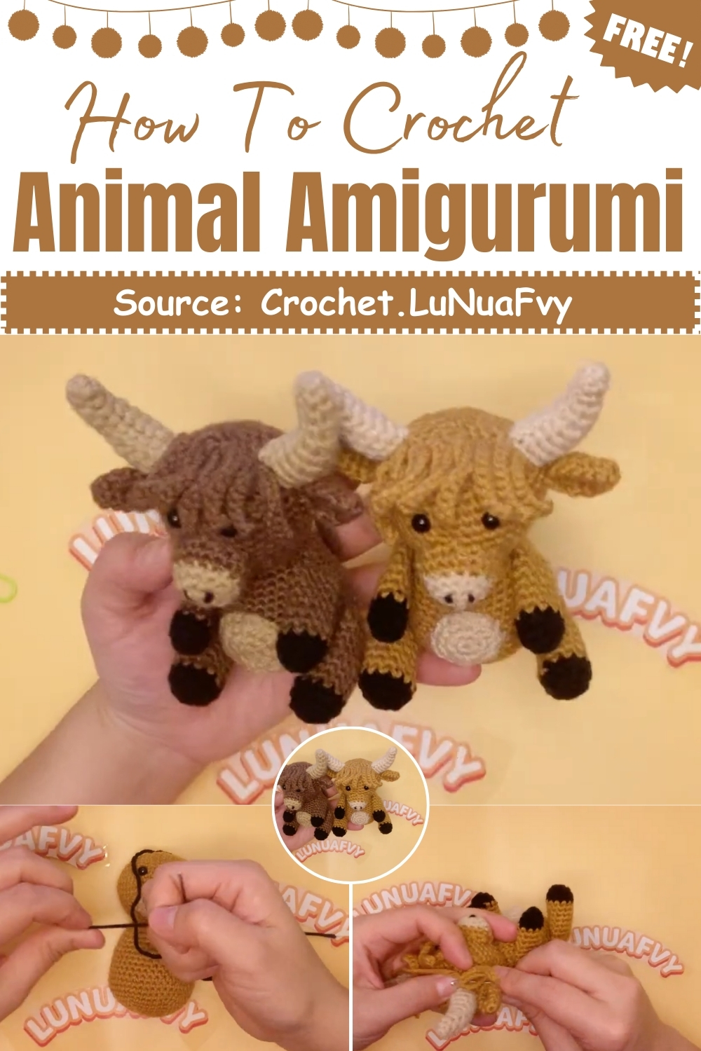 Adorable Crochet Animal Amigurumi Pattern With A Tail, Horns, And Hair ...