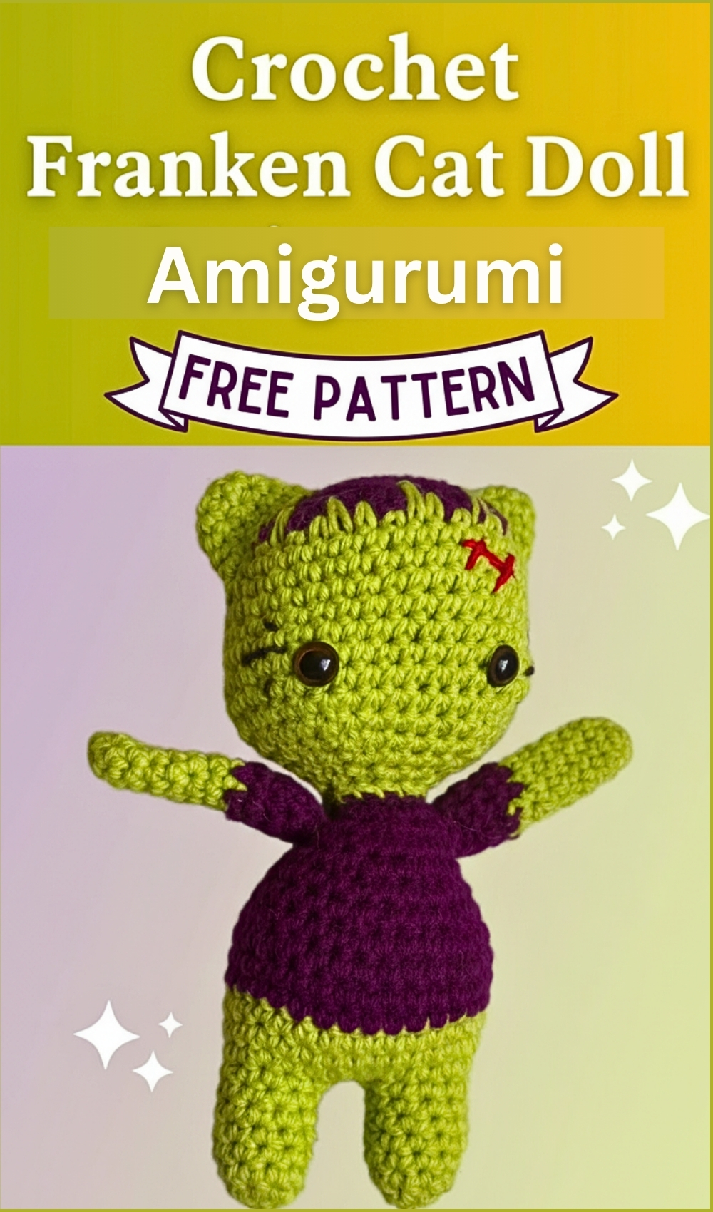 Easy Crochet Franken Cat Doll Pattern For Halloween